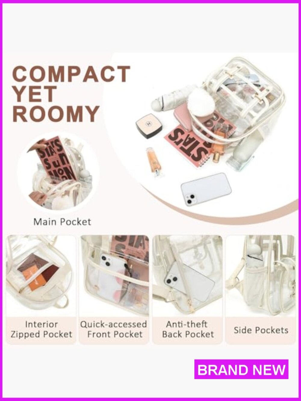 Clear Backpack for Stadium Events Mini See Through Bookbag Casual Daypack - Picture 4 of 7